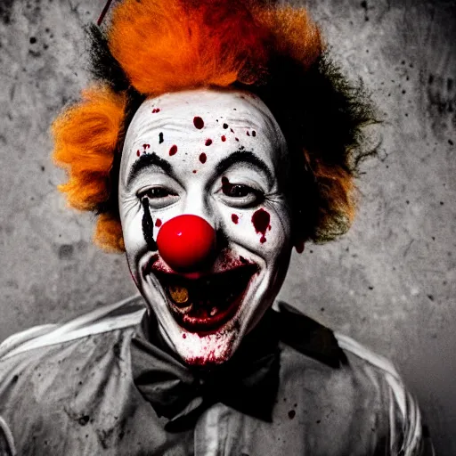 Image similar to full body head to toe shot of an expressionless clown with blood splattered on him, muted tones, slightly out of focus, found footage, dutch angle