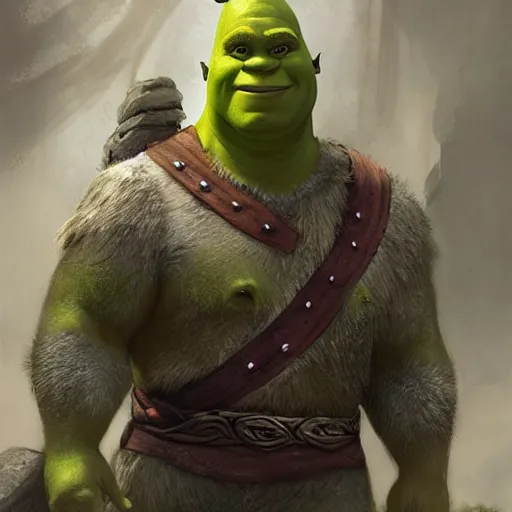 Image similar to shrek as an ancient mythological warrior deity, norse deity, epic fantasy illustration, portrait, godly and ethereal, by greg rutkowski