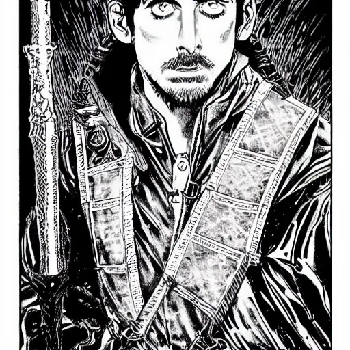 Image similar to pen and ink!!!! attractive 22 year old deus ex Frank Zappa x Ryan Gosling golden!!!! Vagabond!!!! floating magic swordsman!!!! glides through a beautiful battlefield magic the gathering dramatic esoteric!!!!!! pen and ink!!!!! illustrated in high detail!!!!!!!! by Hiroya Oku!!!!!!!!! Written by Wes Anderson graphic novel published on Cartoon Network MTG!!! 2049 award winning!!!! full body portrait!!!!! action exposition manga panel