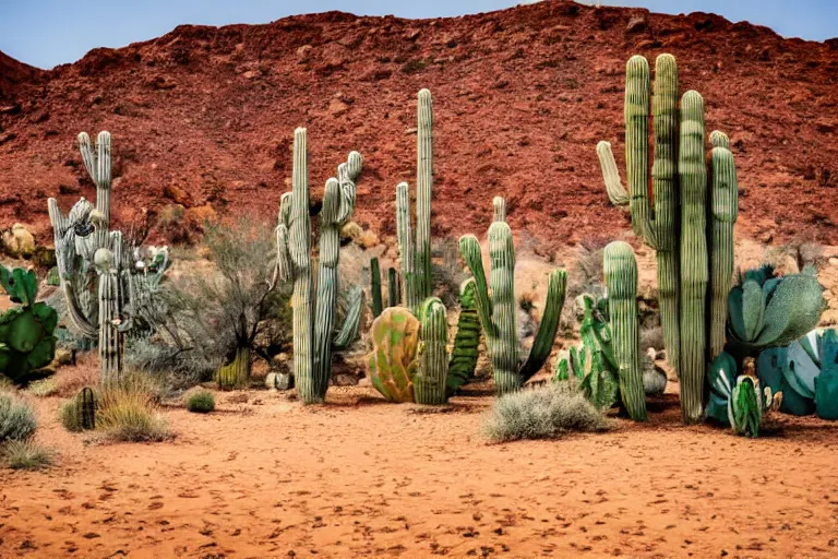 Prompt: photo of a hotel in a desert with alot of cactus with a sign of warning, 4k