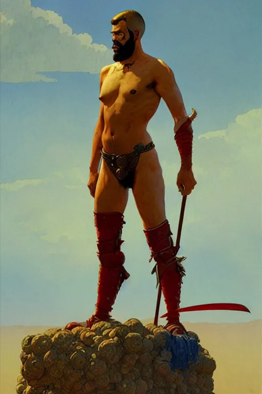 Image similar to warrior, attractive male, character design, painting by jean giraud, greg rutkowski, carl larsson, tom of finland