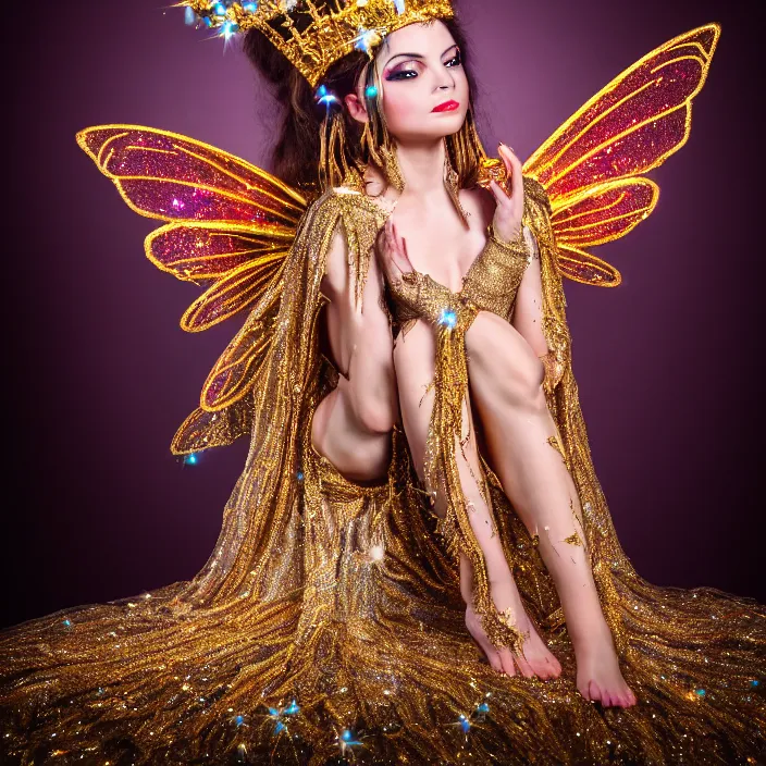 Prompt: full body photo of a very beautiful!! fairy queen with ornate sparkling robes, highly detailed, 4 k, hdr, smooth, sharp focus, high resolution, award - winning photo