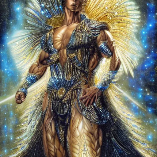 Image similar to full muscular body made of diamonds , golden feathers ,thunder, shining light, nebulas, god rays by Karol Bak, Ayami Kojima, Amano and Olivier Ledroit