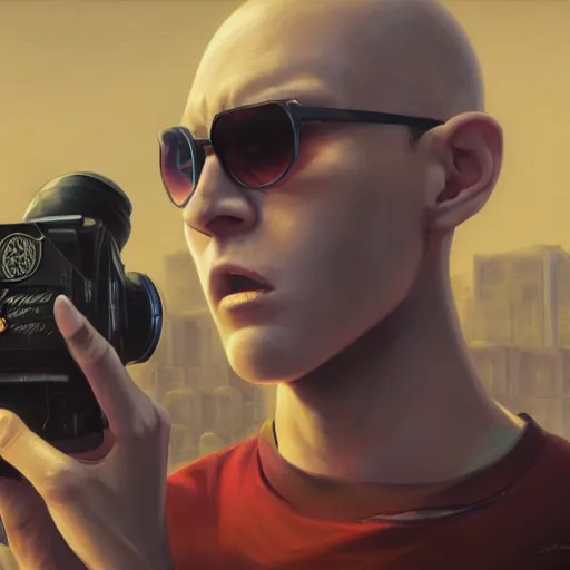 Prompt: large shot of a bald anime boy with sunglasses holding a cinema camera in a martian city, scifi, detailed realistic shirt, detailed realistic face, photorealistic oil painting, digital art, by charlie bowater, by jeremy lipking, by makoto shinkai, octane render