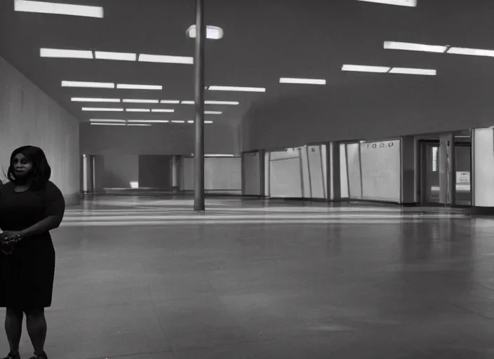 Image similar to cinematic shot of octavia spencer in an abandoned mall, iconic scene from the paranoid thriller sci fi film directed by stanley kubrick, 2 4 mm anamorphic lens, moody strange cinematography, beautiful composition, color theory, leading lines, photorealistic, moody volumetric lighting