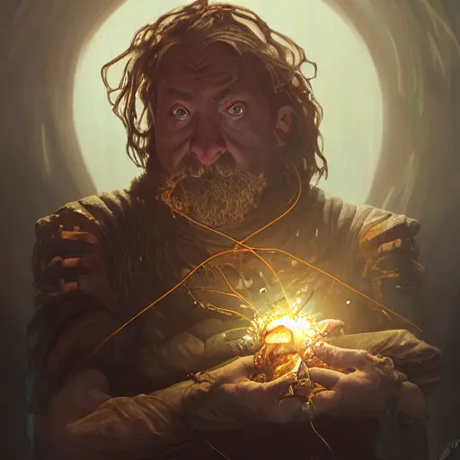 Prompt: portrait of a brutal scarred dwarf hugging the humongous raw, unrefined sparkling gold nugget, lump of native gold, realistic, fantasy art, dnd, lord of the rings, medium shot, mid - shot, moody lighting, by greg rutkowski, alphonse mucha, artgerm, trending on artstation, concept art, sharp focus, octane render, cgsociety