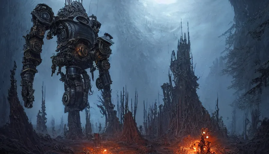 Prompt: military mech covered in armor with elden ring aesthetic, ancient metal, artifact machine, glowing lights, piloted by mysterious creatures, beautiful forests and trees, gothic castles and towers, small people with torches, intricate detail, dystopian, epic wallpaper, art by darek zabrocki and John Park and Feng Zhu and Jason Chan, trending on artstation, masterpiece.
