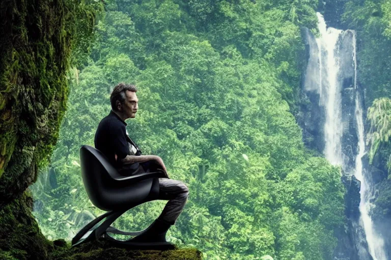 Image similar to movie closeup young man with a grey beard in a cyberpunk suit sitting on a futuristic chair at the edge of a jungle waterfall by emmanuel lubezki