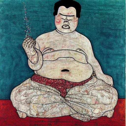 Image similar to hotei budai painting by egon schiele glitter iglitch datamosh