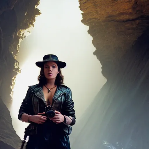 Image similar to a beautiful portrait from the film indiana jones and the fate of atlantis, of sophia hapgood in a leather jacket wearing the nur ab sal necklace, dslr hyper focused