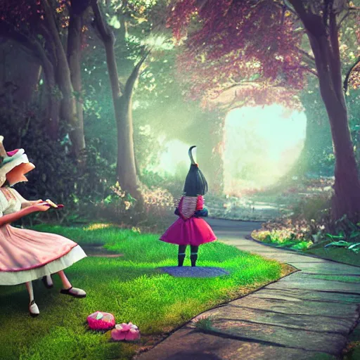 Image similar to alice sitting, alice in wonderland theme, disney photo realistic, octane render, 8 k, unreal engine, hd, cinematic lighting