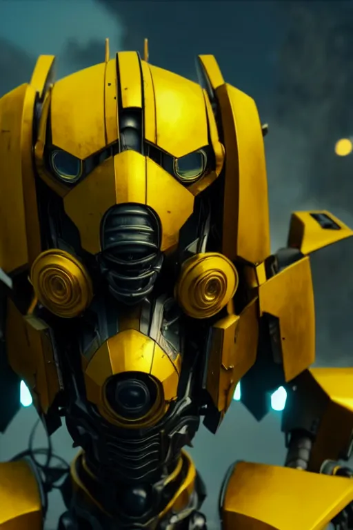 Image similar to a cinematic still from bumblebee movie, yellow mech, humanoid servo, octane render, nvidia raytracing demo, masterpiece, aged armor plating, aggressive head,