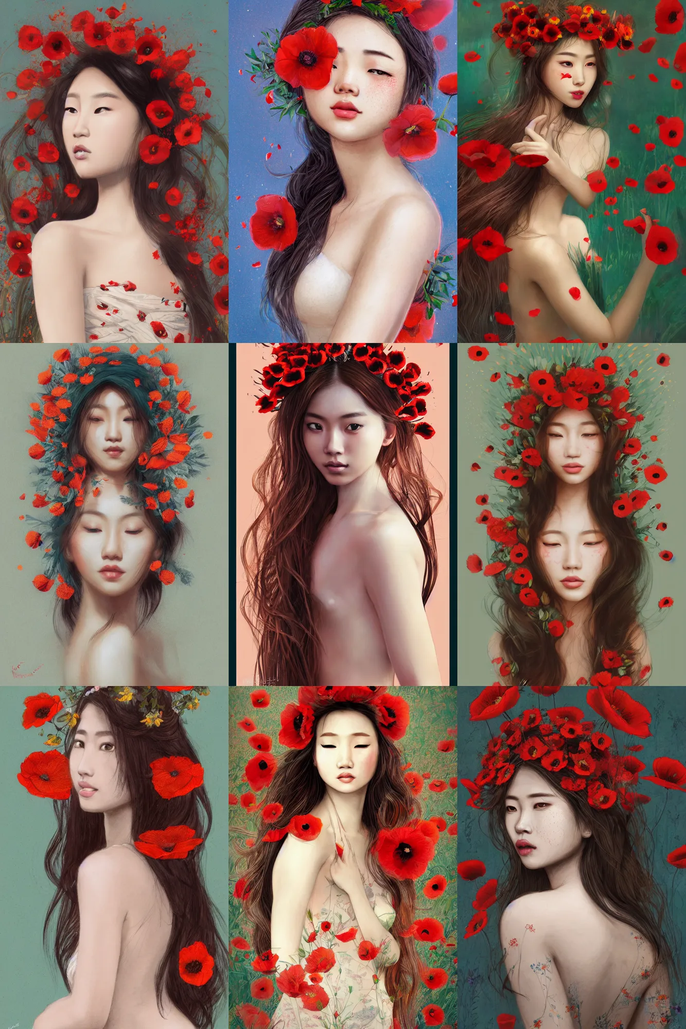 Prompt: Illustration of a beautiful asian girl with freckles, wearing a flower headpiece made of red poppies, long flowy hair, surrounded by big flowers, porcelain skin, cinematic lighting, photo realistic, cinematic lighting, bokeh, warm lights, highly detailed, maya, digital painting, artstation, concept art, sharp focus, illustration, by Mucha