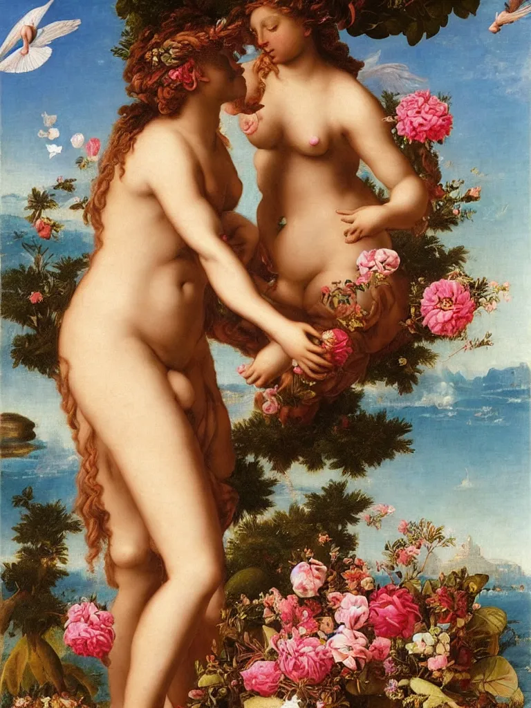 Image similar to african aphrodite, goddess of love : : the birth of venus : : background of roses, myrtle, doves : : rococo, academicism