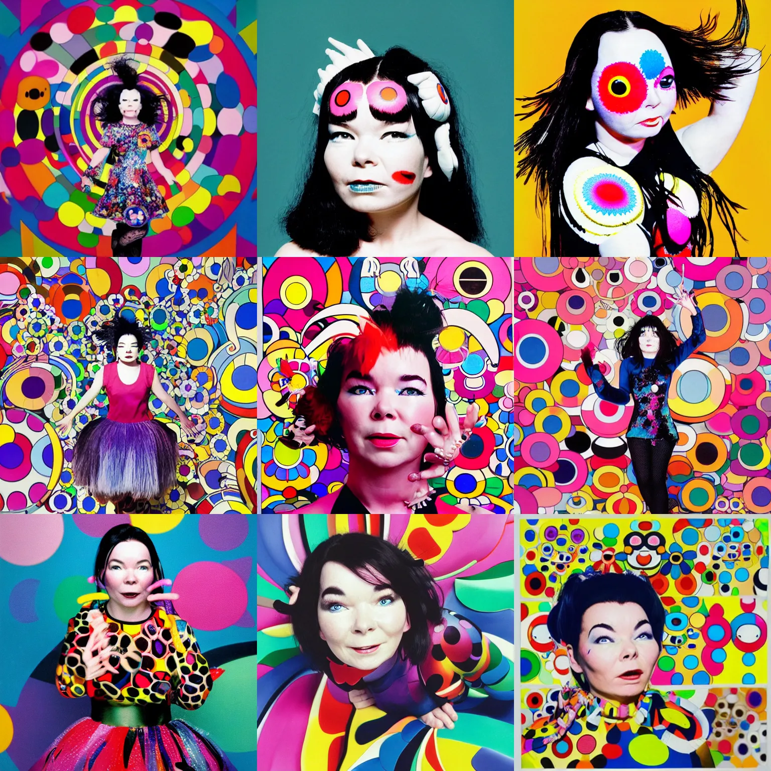 Prompt: professional portrait photoshoot of bjork bjork in the style of takashi murakami, colorful superflat movement, 1 9 9 6