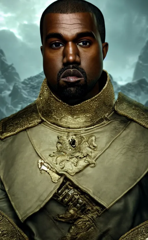 Prompt: Portrait of Kanye West as Emperor Napoleon in Skyrim, splash art, movie still, cinematic lighting, dramatic, octane render, long lens, shallow depth of field, bokeh, anamorphic lens flare, 8k, hyper detailed, 35mm film grain