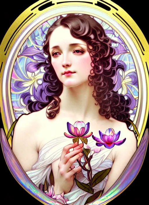 Image similar to magnolias, rococo and art nouveau fusion, iridescent diaphanous refractive and reflective flower bouquet, tarot card, highly detailed, deep focus, elegant, digital painting, smooth, sharp focus, illustration, ultra realistic, 8 k, art by artgerm and alphonse mucha