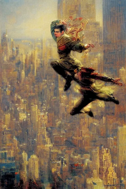 Image similar to painting of a young man flying through new york city. his hands stretched to the side. the city is alive beneath him. art by gaston bussiere.