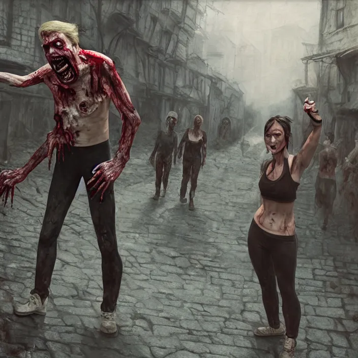 Prompt: zombie trump in medieval village wearing a sports bra, by charlie bowater, by jeremy lipking, by makoto shinkai, by studio ghibli, photorealistic digital art, octane render, detailed village street, time travel