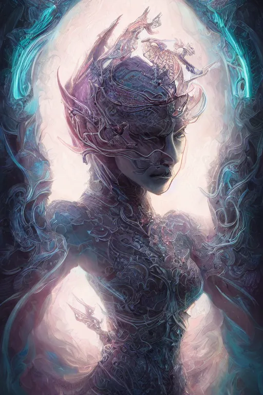 Prompt: portrait of jewel bone-dragon oracle physically accurate, moody dynamic lighting, very very intricate, very very elegant, highly detailed, digital painting, artstation, in the style of Rob Lefield and Dan Mumford , trending on artstation, digital art,surrealism ,macro,blueprint ,vaporwave ,