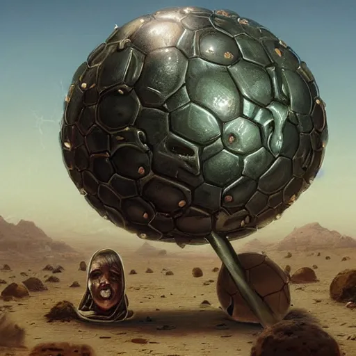 Image similar to magical soccer ball covered with eyes, with two antennas, in the desert next to a cactus, d & d, fantasy, greg rutkowski, frank frazetta, alexandre chaudret, boris vallejo, michael whelan, miro petrov, hr giger, magali villeneuve, donato giancola