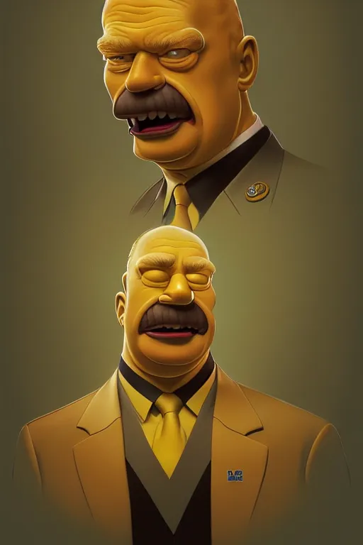 Image similar to vladimir putin as a yellow funny homer simpson, realistic portrait, symmetrical, highly detailed, digital painting, artstation, concept art, smooth, sharp focus, illustration, cinematic lighting, art by artgerm and greg rutkowski and alphonse mucha