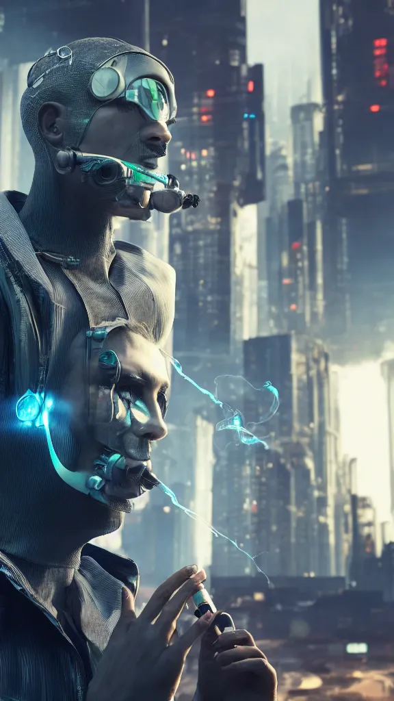 Image similar to a cyberpunk futuristic man smoking cigarettes in a cyberpunk city, 8 k, sharp, detailed, photorealistic, octane render.