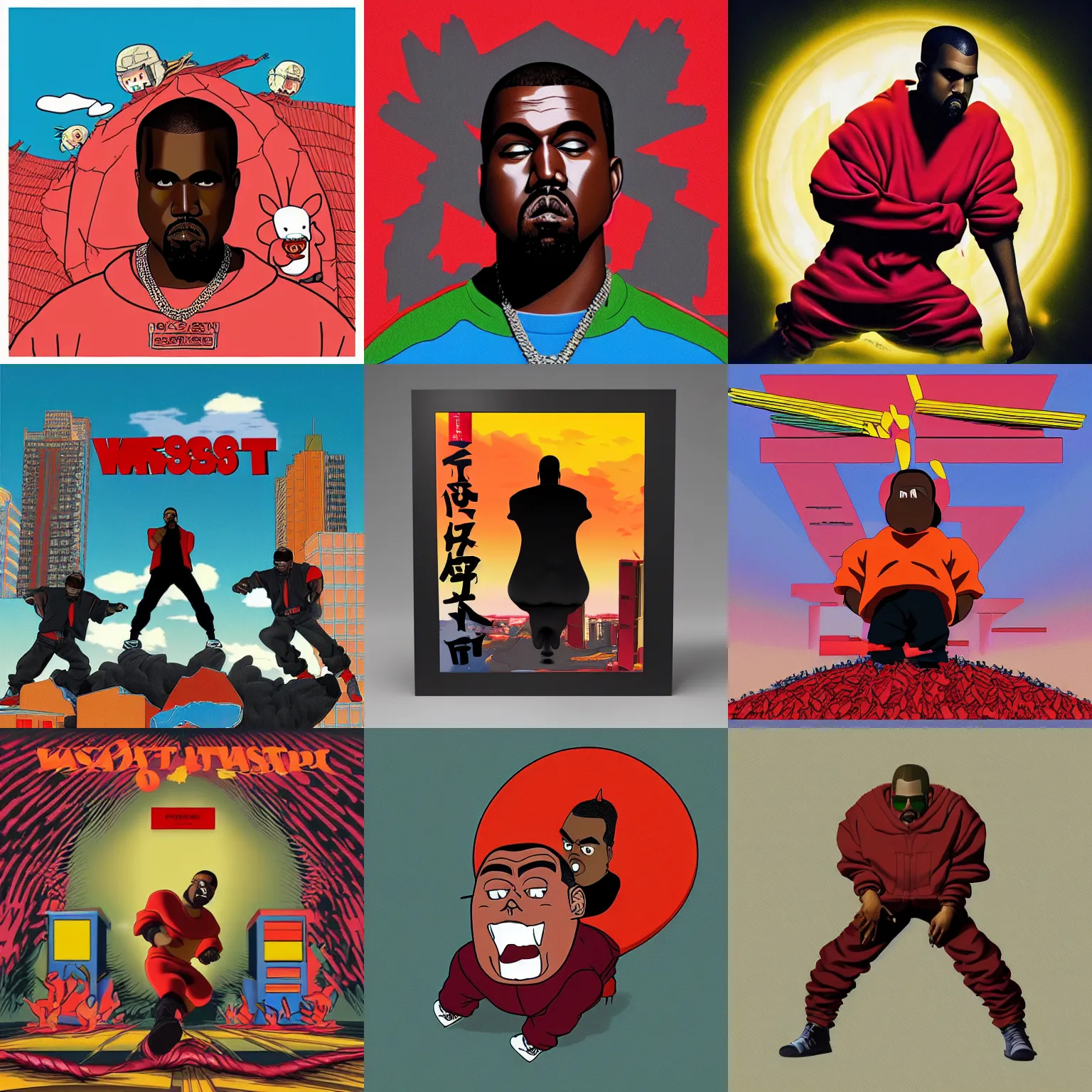 Prompt: kanye west my beautiful dark twisted fantasy album cover, in the style of akira toriyama, 3 d, detailed