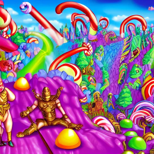 Prompt: the Doomslayer's adventure in Candy Land, 4k, highly detailed, digital art