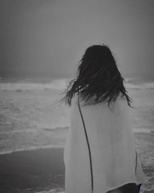 Image similar to “a black and white photograph of a woman on the beach, realistic, vintage, antiqued look, grainy film”