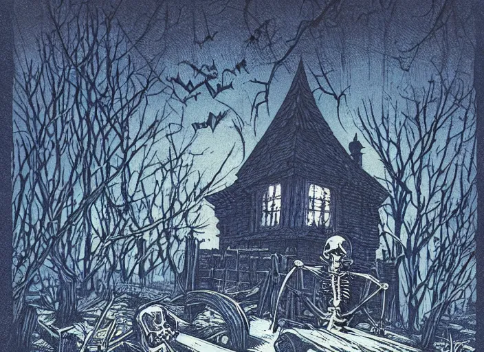 Prompt: blue woodcut print, cartoon halloween skeleton in graveyard at midnight by greg rutkowski, fine details, highly detailed