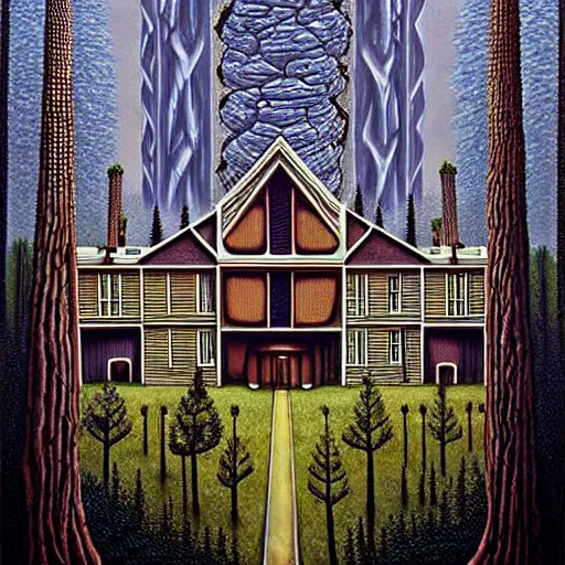 Image similar to a mansion with brutal architecture in the middle of an ancient futuristic druidic village in the woods, painting by jeffrey smith