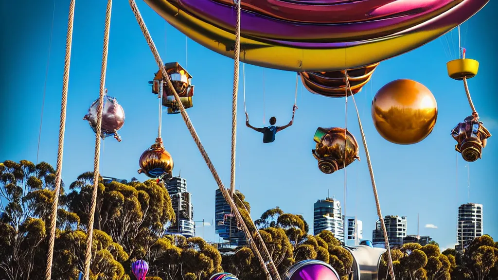 Image similar to large colorful futuristic space age metallic steampunk balloons with pipework and electrical wiring around the outside, and people on rope swings underneath, flying high over the beautiful melbourne in australia city landscape, professional photography, 8 0 mm telephoto lens, realistic, detailed, photorealistic, photojournalism