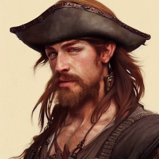 Image similar to portrait of a young rugged pirate, male, masculine, upper body, red hair, long hair, soft hair, D&D, fantasy, intricate, elegant, highly detailed, digital painting, artstation, concept art, matte, sharp focus, illustration, art by Artgerm and Greg Rutkowski and Alphonse Mucha