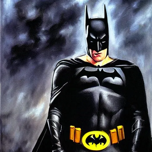 Image similar to Painting of a batman dark knight by Christopher Nolan oil painting