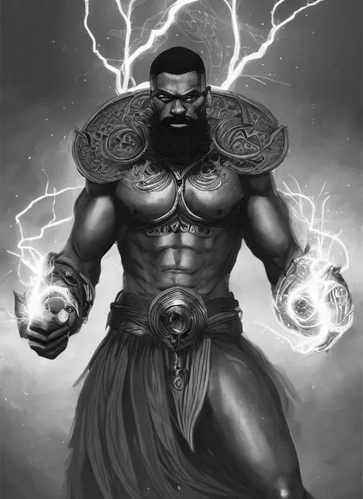 Image similar to a highly detailed illustration of bearded short fade hair african warrior god of lightning, evil summoning lightning from hands pose, moonlit clouds background, muscular, intricate, elegant, highly detailed, centered, digital painting, artstation, concept art, smooth, sharp focus, league of legends concept art, WLOP