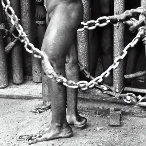 Image similar to a slave with chains looking to the camera.