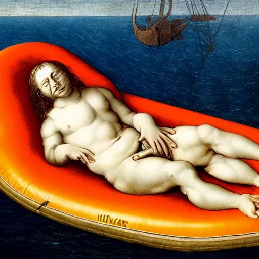 Image similar to Oil painting by Leonardo da Vinci of a Human Rights Watch employee sleeping on an inflatable raft in the ocean