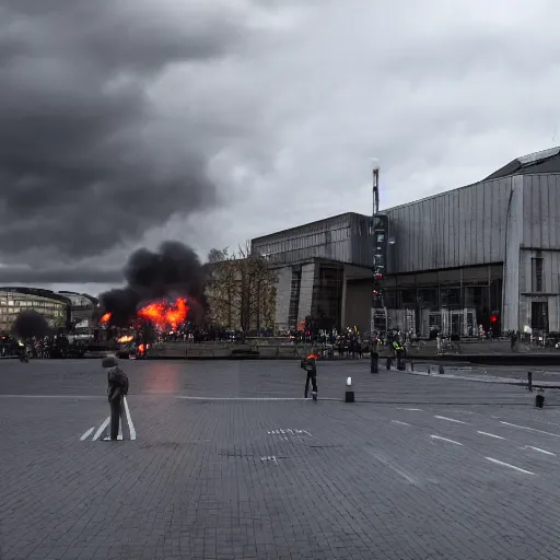 Prompt: oslo operahus getting bombed by terrorist, 8k , realistic, cloudy day,