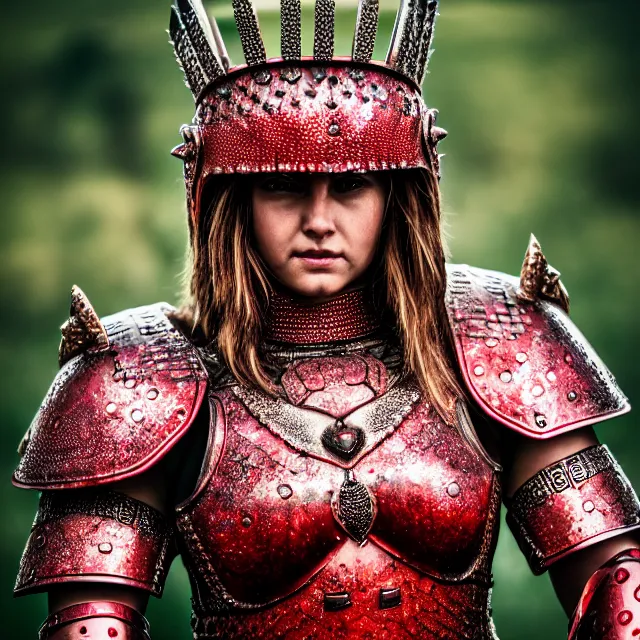Image similar to full body photo of a beautiful cute strong warrior queen wearing ruby encrusted armour, highly detailed, 8 k, hdr, smooth, sharp focus, high resolution, award - winning photo