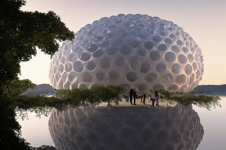 Prompt: a building formed by the intersection and fusion of many multi - white spherical and egg - shaped spaces. on the calm lake, people's perspective award winning, highly detailed 4 k art, dusk, unreal engine highly rendered, global illumination, radial light, internal environment by kazuyo sejima