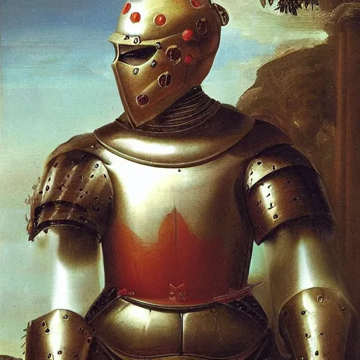 Image similar to a realistic painting by Raffaello Sanzi depicting the knight in shining armor with the head of the symbiotic Carnage in the Renaissance.