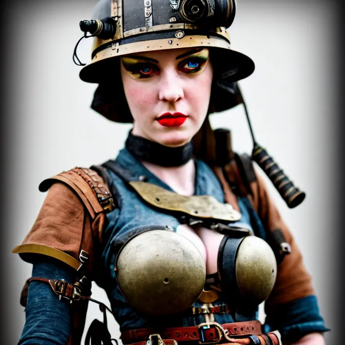 Image similar to photograph of a real - life very beautiful slim dieselpunk warrior. extremely detailed. dslr. 8 5 mm.