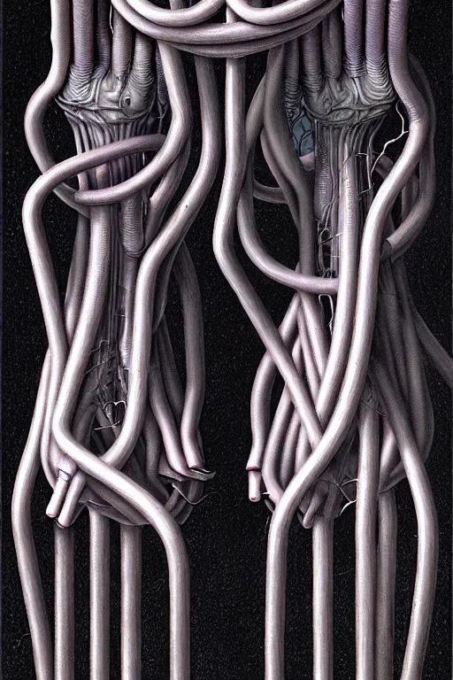 Prompt: tangled grey pipes and hoses which resemble human limbs by thomas ligotti and wayne barlowe