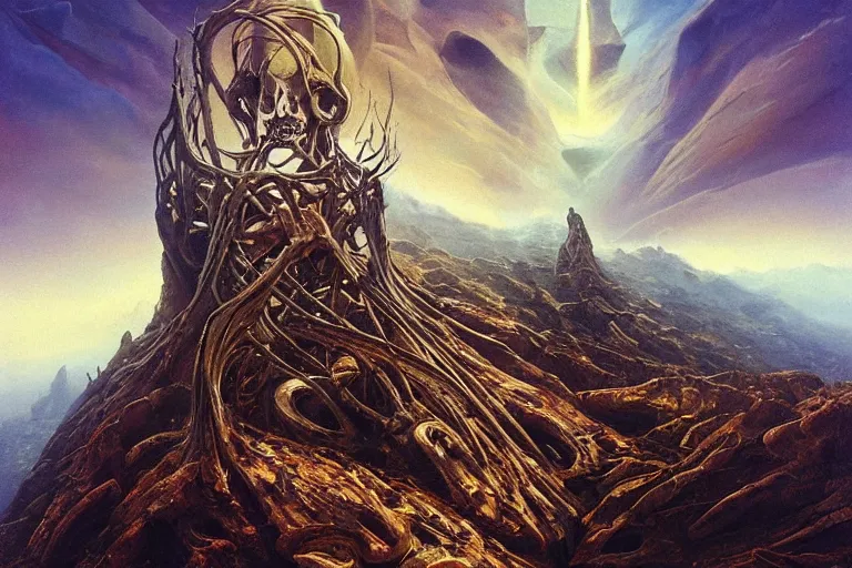 Image similar to prophecy, vivid colors, hallucination, amazing concept painting by Jessica Rossier and HR giger and Beksinski, the middle of a valley, it was full of bones, bones that were very dry, there was a noise, a rattling sound, and the bones came together, bone to bone , I looked, and tendons and flesh appeared on them and skin covered them, but there was no breath in them and breath entered them, they came to life and stood up on their feet a vast army