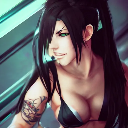 Image similar to concept art of tifa lockhart with tattoos, by WLOP, rossdraws, logan cure, BangkuART, sakimichan, yan gisuka, zeronis, Chengwei Pan, trending on artstation