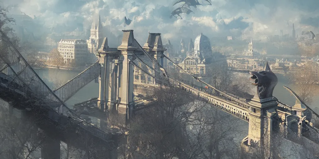 Image similar to kaiju attack in budapest, chain bridge painting, greg rutkowski detailed, rule of thirds, cinematic