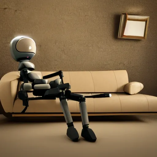 Image similar to Lonely and depressed robot sitting on a couch in front of a large fireplace in a Victorian home in the future. octane render, extremely detailed, 10000K color temperature cinematic lighting, 8k, lens flare, cinematic movie photograph, closeup portrait, trending on artstation, cgsociety, award-winning art, by Simon Stalenhag.