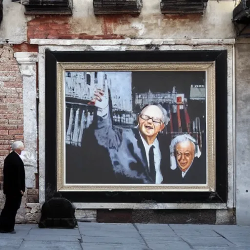 Prompt: A photograph of a Banksy painting of Warren Buffet and Paul McCartney in Venice