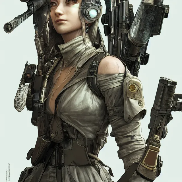 Image similar to the portrait of lawful neutral female cyberpunk infantry sniper as absurdly beautiful, gorgeous, elegant, young woman looking up, an ultrafine hyperdetailed illustration by kim jung gi, irakli nadar, intricate linework, bright colors, octopath traveler, final fantasy, unreal engine 5 highly rendered, global illumination, radiant light, detailed and intricate environment